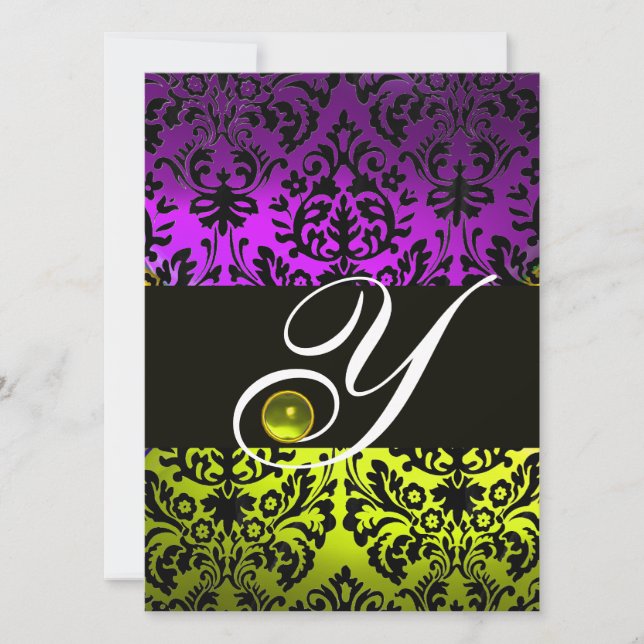 YELLOW PURPLE BLACK DAMASK MONOGRAM TOPAZ INVITATION (Front)