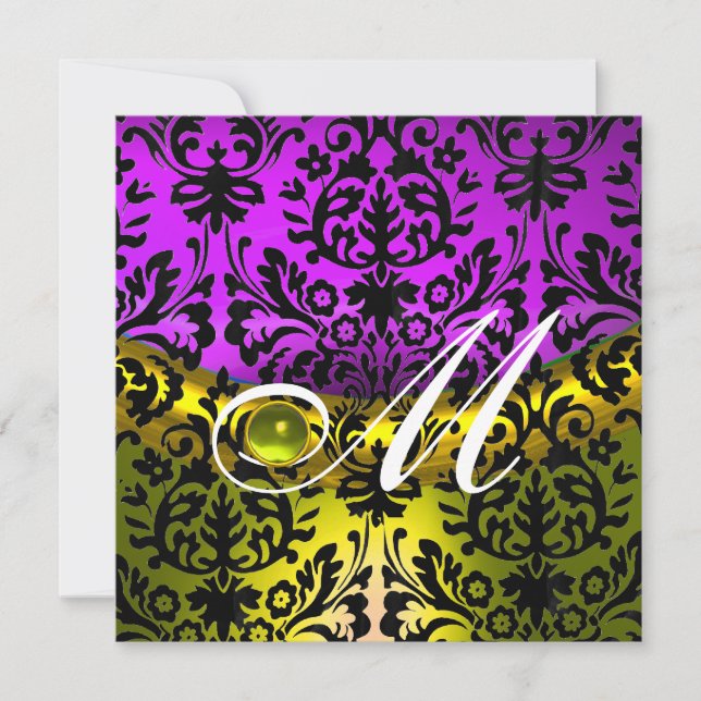 YELLOW PURPLE BLACK DAMASK MONOGRAM TOPAZ INVITATION (Front)