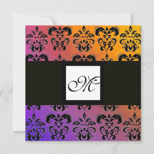YELLOW PURPLE BLUE BLACK SQUARE DAMASK MONOGRAM INVITATION