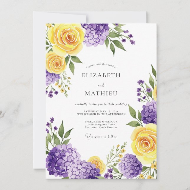 Yellow Purple Botanical Romance Wedding Invitation (Front)