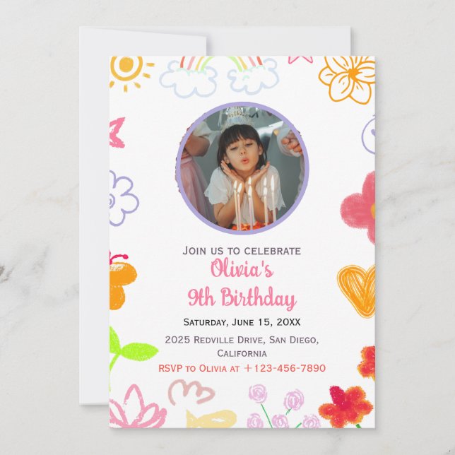 Yellow & Purple Custom Birthday Invitation (Front)