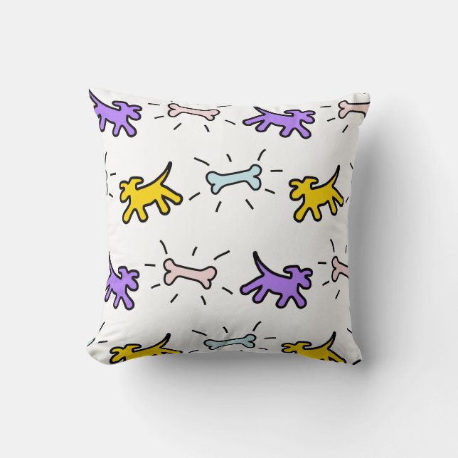Yellow Purple Dogs Bones Graffiti Style Pillow (Front)