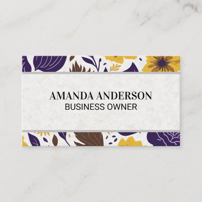 Yellow Purple Floral Pattern Business Card (Front)