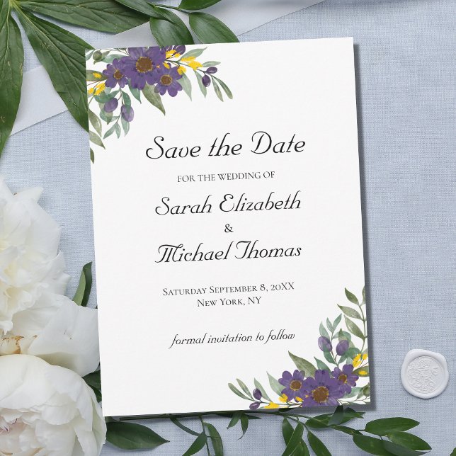 Yellow Purple Floral QR code Wedding Save the Date (Creator Uploaded)