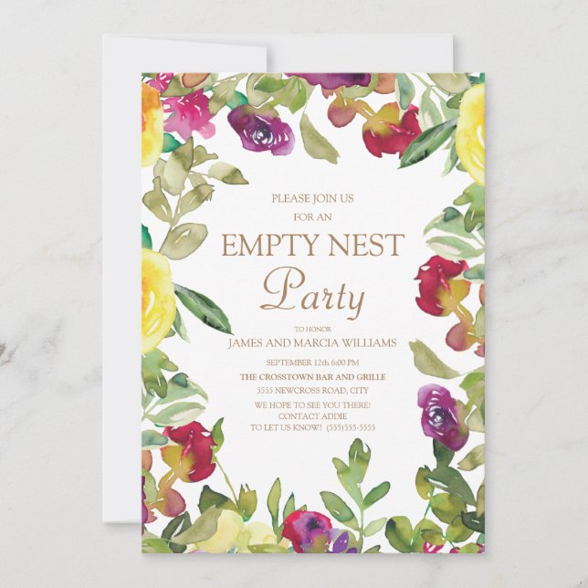 Yellow Purple Floral Sage Green Empty Nest Party Invitation (Front)