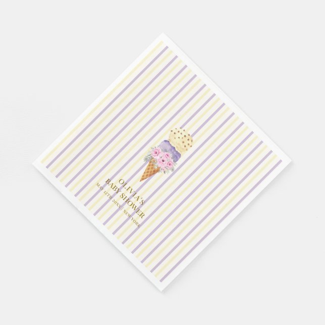 Yellow Purple Flower Scoop Ice Cream Baby Shower Napkin (Corner)