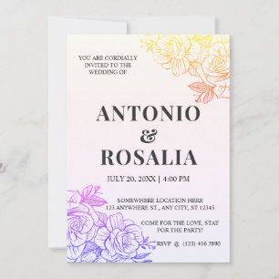 Yellow & Purple Flowers Vintage Illustration Wedd Invitation