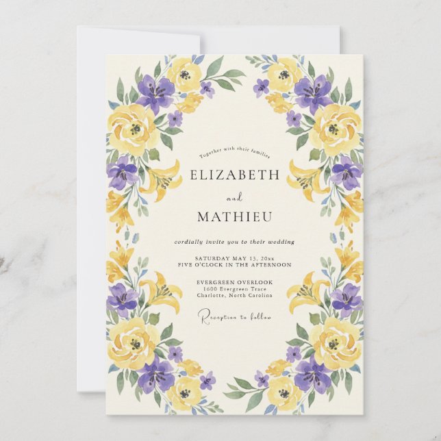 Yellow Purple Petal Wedding Invitation (Front)