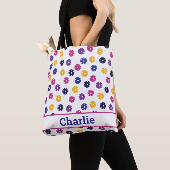 💛💜 Yellow purple Pickleballs on white  Tote Bag (Close Up)