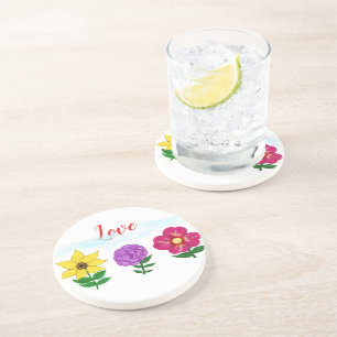 Yellow Purple Pink Flowers Love Typography  Coaster