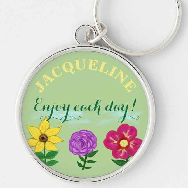 Yellow Purple Pink Flowers Name Key Ring (Front)