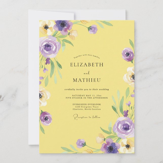 Yellow Purple Ranunculus Eucalyptus Wedding Invitation (Front)