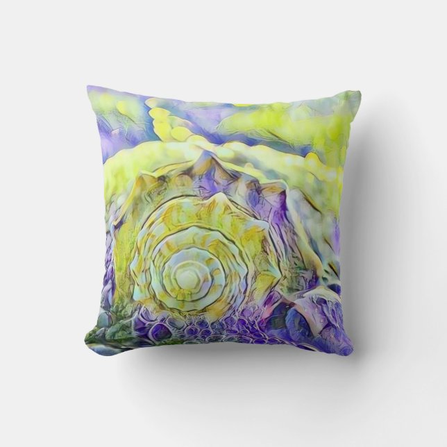 Yellow purple seashell in foaming sea watercolor  cushion (Front)