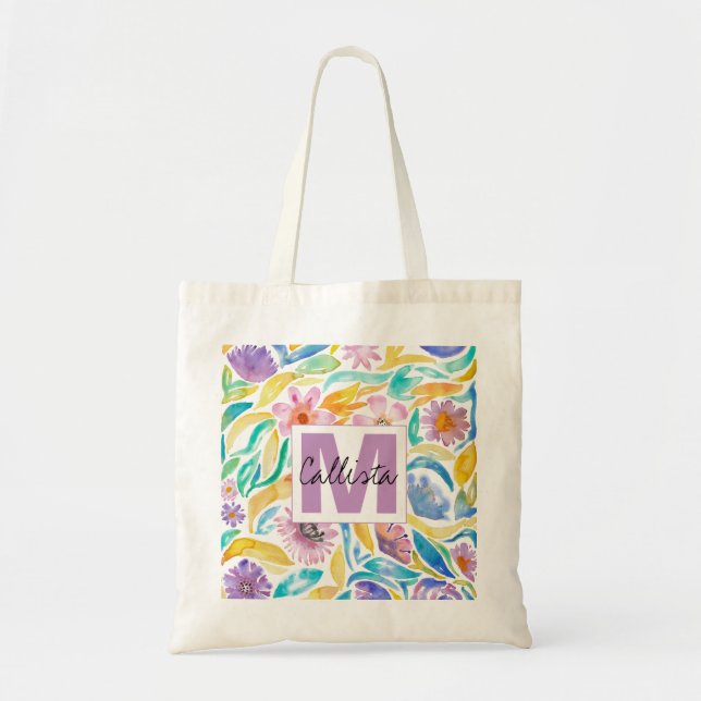 Yellow Purple Spring Watercolor Flowers Monogram Tote Bag (Front)
