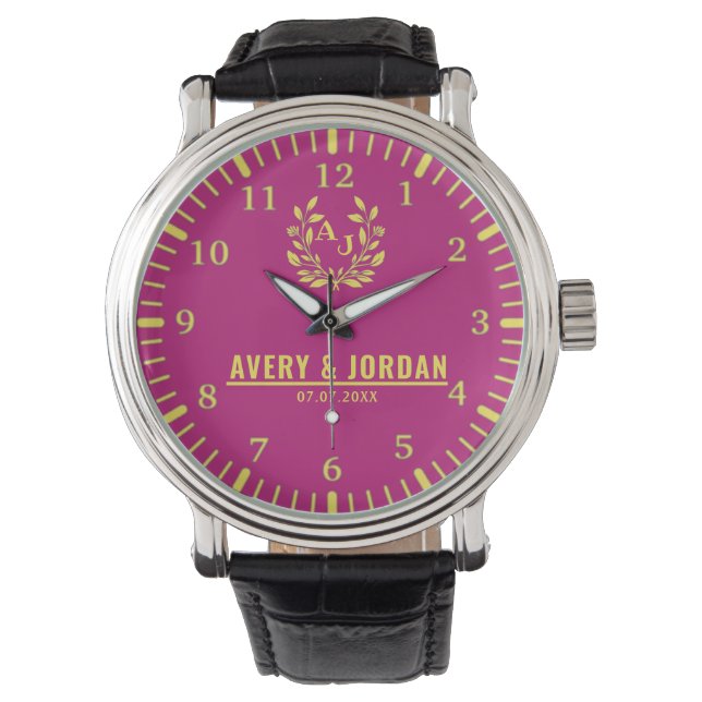 Yellow Purple vintage couple name monogram Watch (Front)