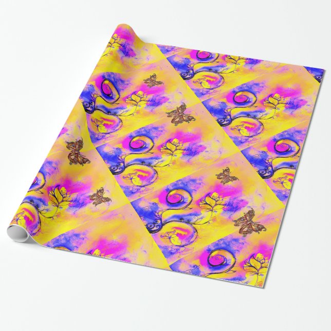 YELLOW PURPLE WHIMSICAL FLOWERS,GOLD BUTTERFLIES WRAPPING PAPER (Unrolled)