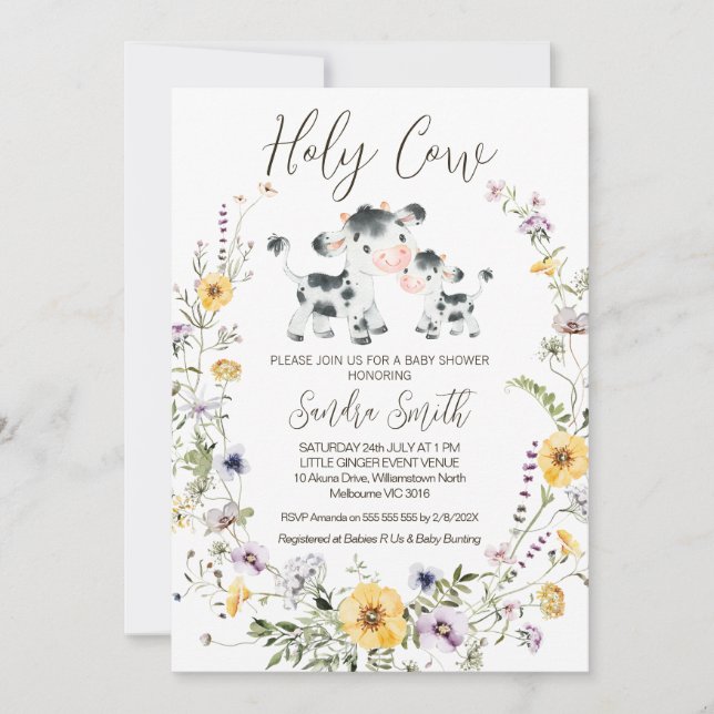 Yellow Purple Wildflower Holy Cow Baby Shower Invitation (Front)