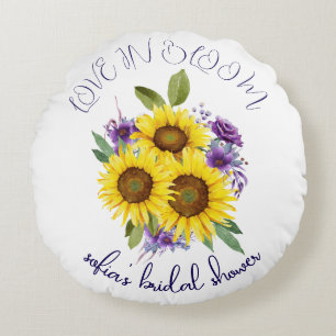 Yellow purple wildflower sunflower watercolor round cushion