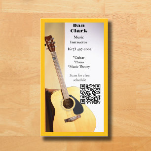 Yellow QR Code Music Teacher Acoustic Guitar Business Card