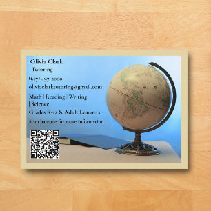 Yellow QR Code Tutor Teacher Globe Book Classroom Business Card
