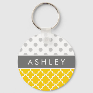 Yellow Quatrefoil and Grey Polka Dot Pattern Key Ring