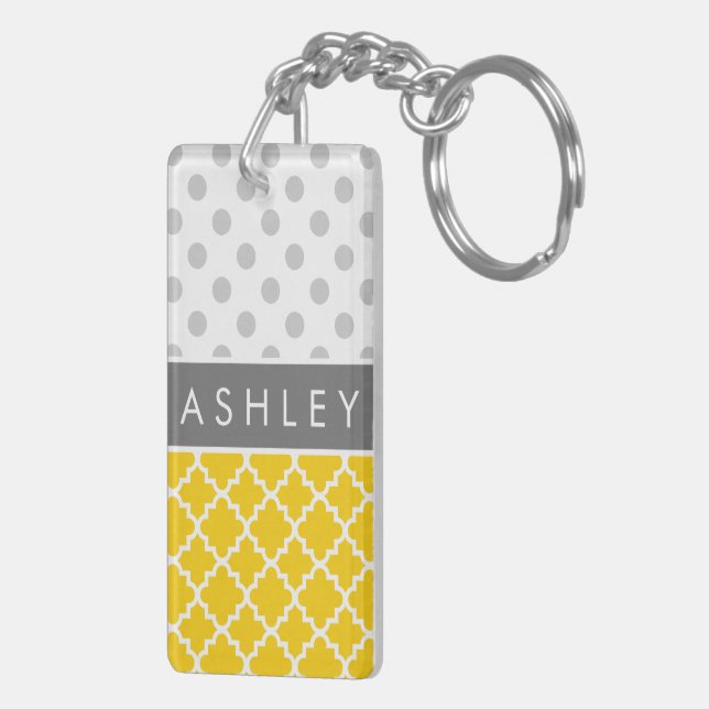 Yellow Quatrefoil and Grey Polka Dot Pattern Key Ring (Back Right)