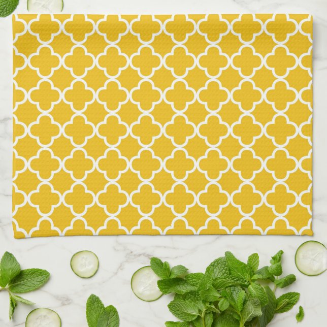 Yellow Quatrefoil Clover Pattern Tea Towel (Folded)