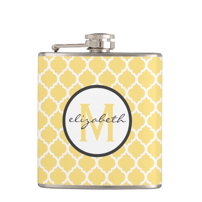 Yellow Quatrefoil Monogram Hip Flask (Front)