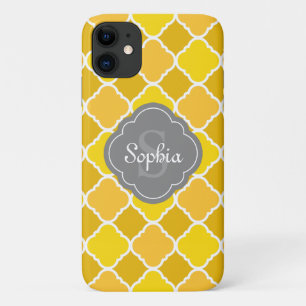 Yellow Quatrefoil Pattern with Grey Monogram Case-Mate iPhone Case
