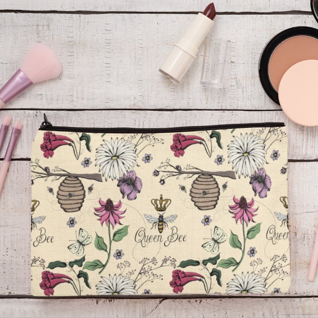 Yellow Queen Bee & Gold Crown Accessory Pouch (Chic & Trendy Queen Bee & Exotic Flowers Makeup or Accessory Pouch on an Elegant Yellow Background.)