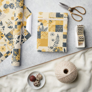 Yellow Quilt Gingham Cottagecore Floral Wrapping Paper