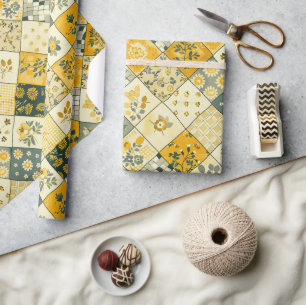 Yellow Quilt Gingham Cottagecore Floral Wrapping Paper