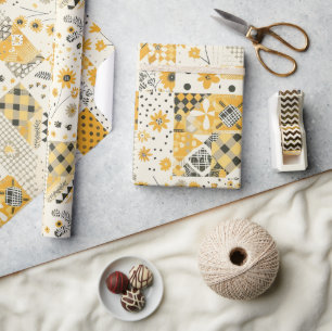 Yellow Quilt Gingham Cottagecore Floral Wrapping Paper