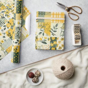 Yellow Quilt Gingham Cottagecore Floral Wrapping Paper