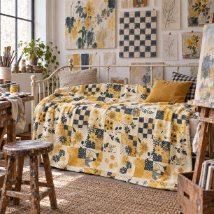 Yellow Quilt Patchwork Gingham Cottagecore Floral Fleece Blanket
