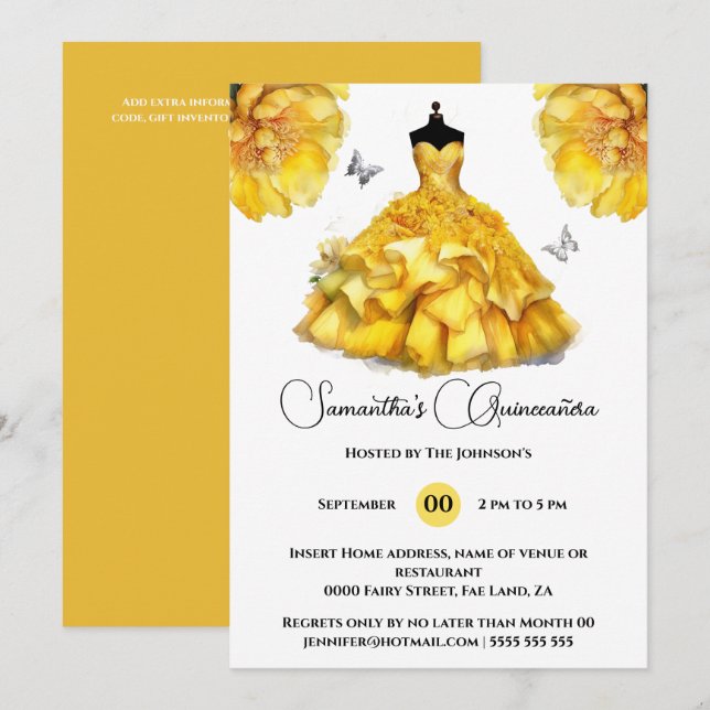 Yellow Quinceañera ballgown peony floral flowers Invitation (Front/Back)