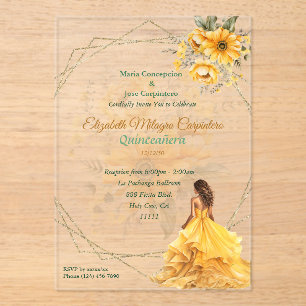 Yellow Quinceañera Floral Acrylic Invitations