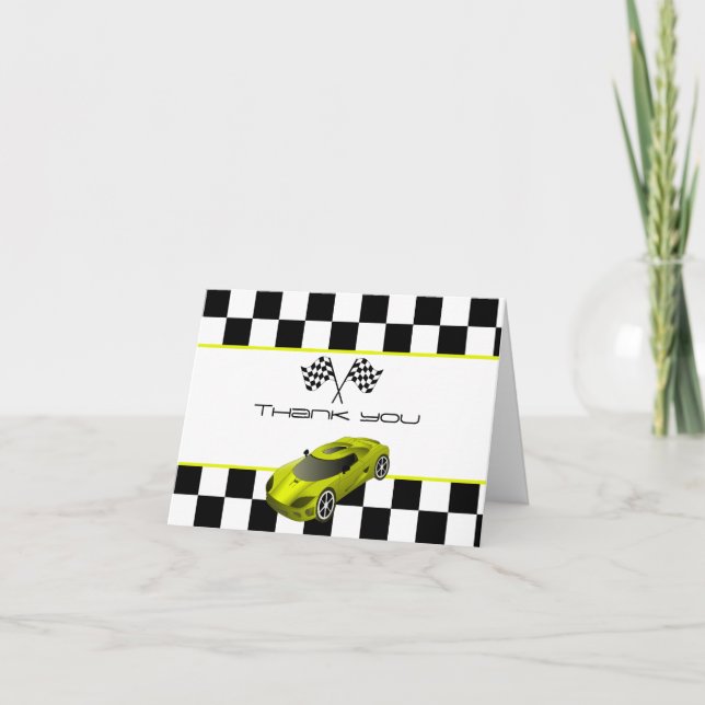 Yellow Race Car | Birthday Party Thank You Card (Front)