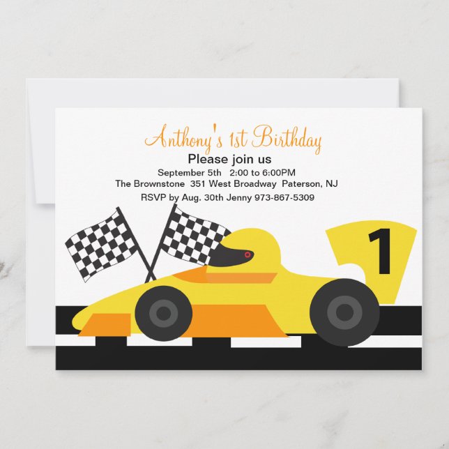 Yellow Race Car  Boys First Birthday Invitation (Front)