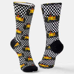 Yellow Race Car - Chequerboard Sports Socks