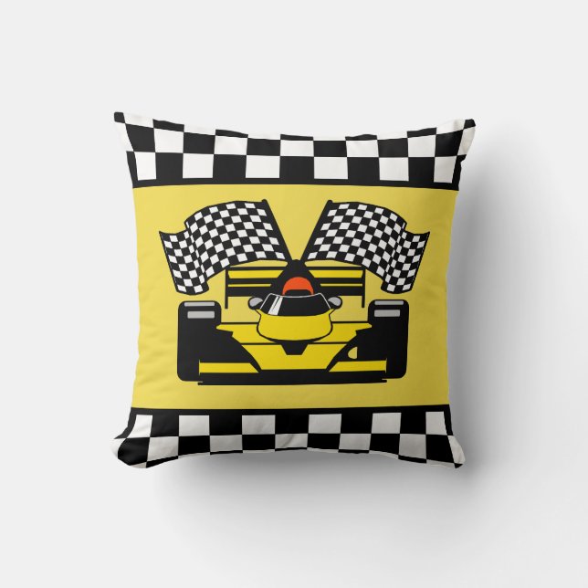 Yellow Race Car: Chequered Flag Cushion (Front)