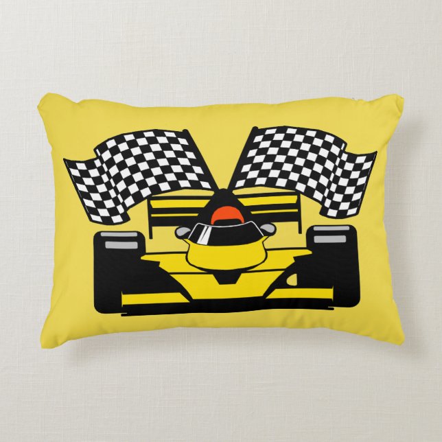 Yellow Race Car: Chequered Flag Decorative Cushion (Front)