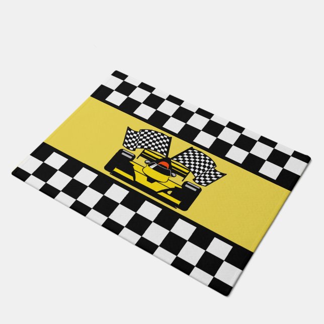 Yellow Race Car: Chequered Flag Doormat (Angled)