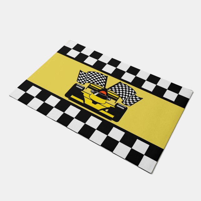 Yellow Race Car: Chequered Flag Doormat (Angled)