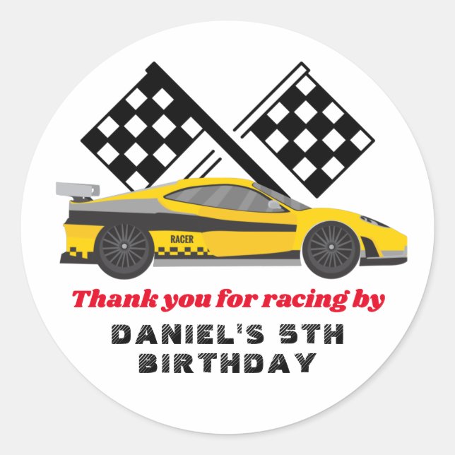 Yellow Race Car for Boys Kids Birthday Party Classic Round Sticker (Front)