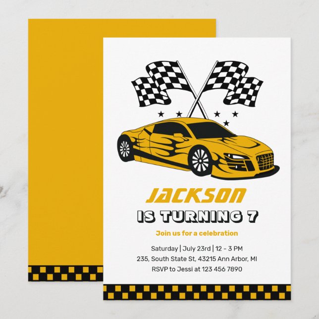 Yellow Race Car Racing Kids Boys Birthday Invitation (Front/Back)