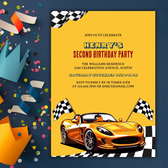 Yellow Race Car Theme Boy 2nd Birthday Party Invitation (Yellow Race Car Theme Boy 2nd Birthday Party Invitation)