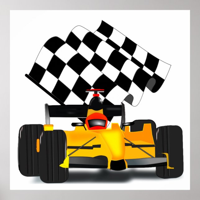 Yellow  Race Car with Checkered Flag Poster (Front)