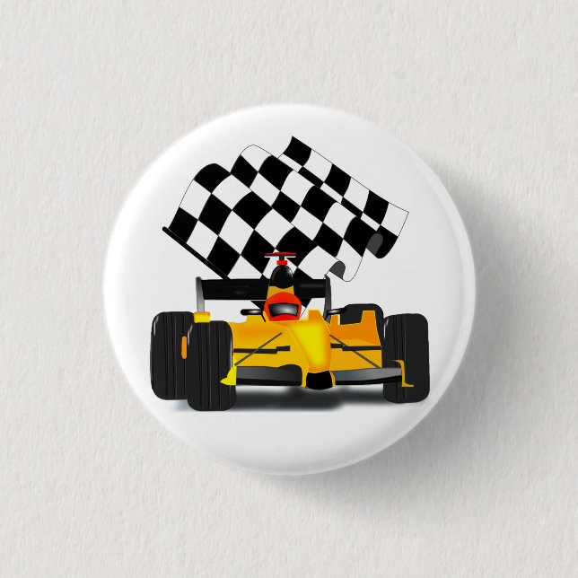 Yellow  Race Car with Chequered Flag 3 Cm Round Badge (Front)
