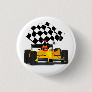 Yellow  Race Car with Chequered Flag 3 Cm Round Badge